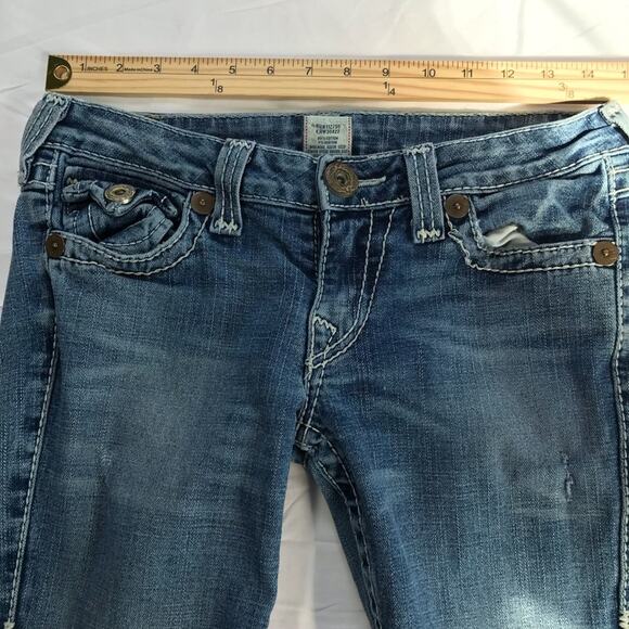 True Religion VTG Joey Big T twisted flare denim jeans womens 28 white stitching - Picture 5 of 14